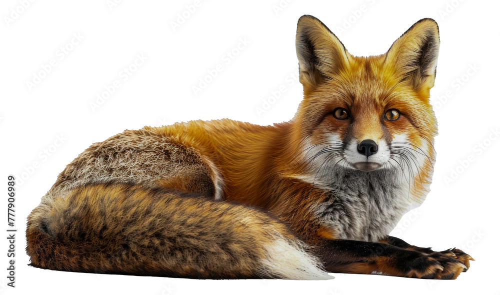 Fototapeta premium A fox is laying down, cut out - stock png.