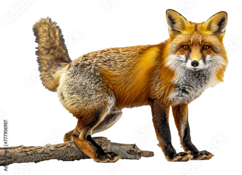 A fox is standing on a branch, looking at the camera, cut out - stock png.