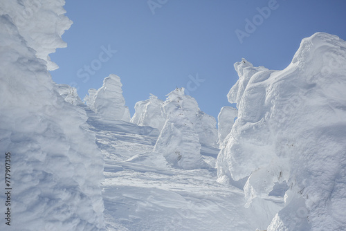 Beautiful Frozen Forest Covered With Powder Snow As Snow Monsters At Mount Zao Range, Zao Juhyo Festival, Yamagata , Japan  photo