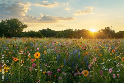 A panorama of a wildflower field at sunset, showcasing the vibrant colors of the flowers bathed in warm golden light