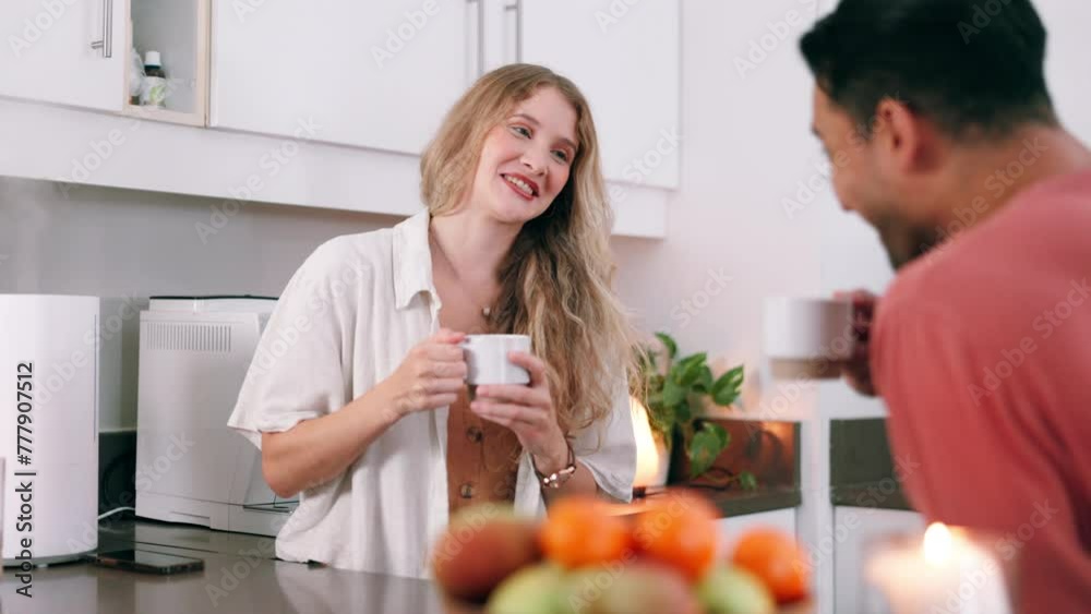 Home, morning and couple with coffee, conversation and bonding together with happiness and love. Kitchen, tea and man with woman and relationship with emotions and cappuccino with support or marriage Home, morning and couple with coffee, conversation and bonding together with happiness and love. Kitchen, tea and man with woman and relationship with emotions and cappuccino with support or marriage