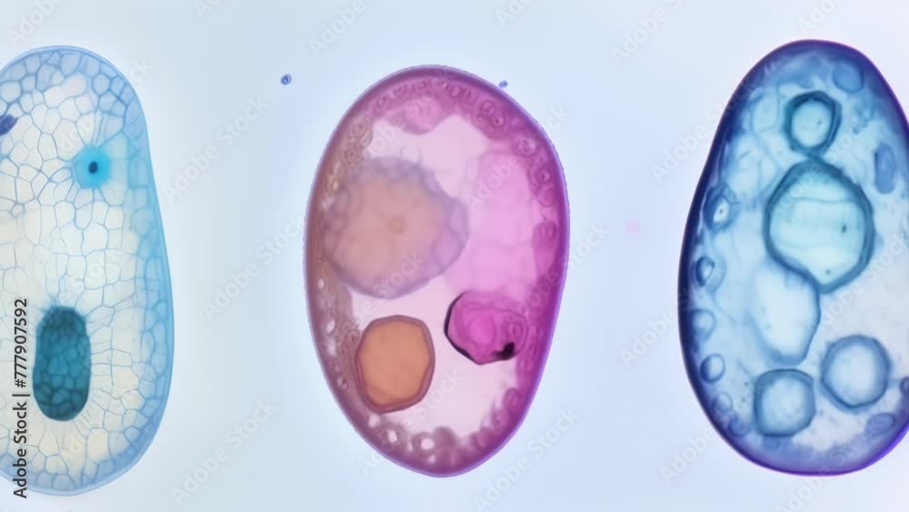 A comparison of three different insect egg cells under a microscope. The first is from a butterfly and is elongated with a smooth . AI generation.