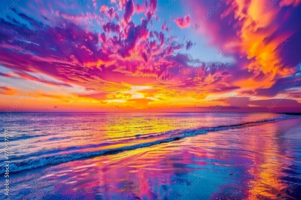 A vibrant sunset painting the sky in streaks of orange, purple, and pink, reflected in the calm ocean water