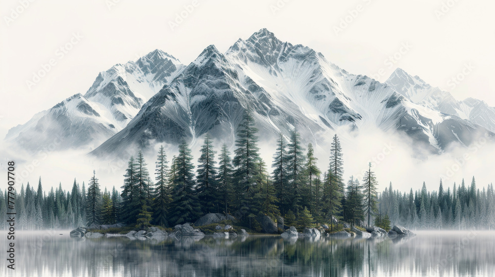 Mountain with pine trees and landscape black on white background. Hand ...