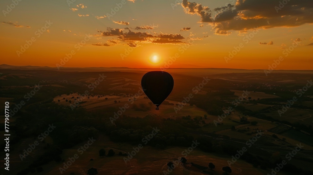 Aerial perspective of a hot air balloon silhouetted against a breathtaking sunset, floating over a scenic landscape Aerial perspective of a hot air balloon silhouetted against a breathtaking sunset, floating over a scenic landscape