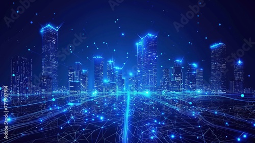 Wi-Fi smart city or network. Low poly wireframe. Building automation with computer board illustration. Isolated on a dark blue background. Plexus points and lines. Wireless smart city or network photo