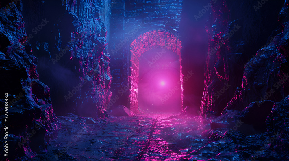 Fantasy night landscape with magical power, ancient stones with magical power and light, runes. Passage to another world, magic door, light, neon.. - obrazy, fototapety, plakaty 