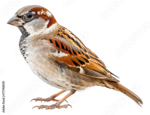 A small brown and white bird with a black beak, cut out - stock png.