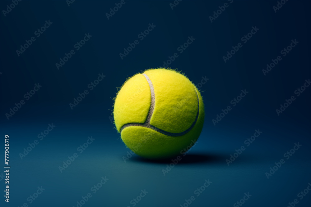 A tennis ball in exquisite detail, from the tightly wound seams to the textured fabric on dark blue background