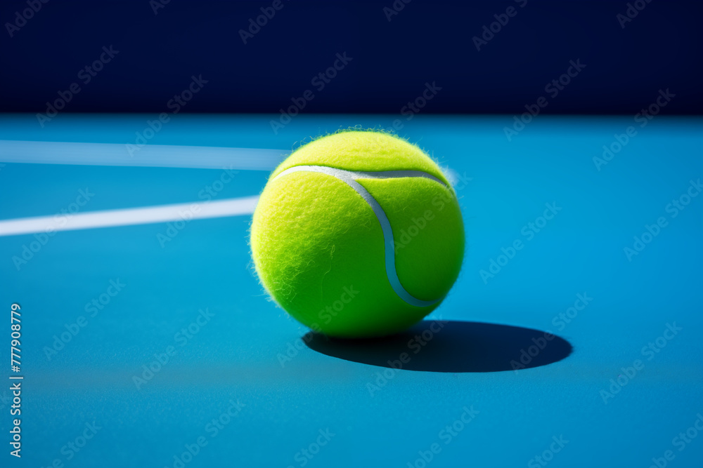 A tennis ball on the court on dark blue background