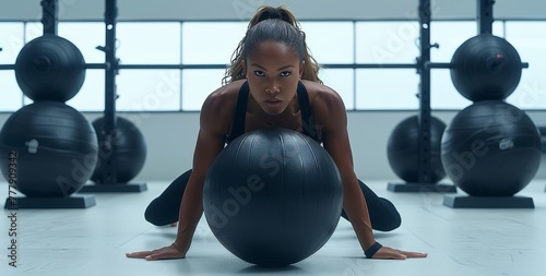 Woman Doing Push Ups on Exercise Ball