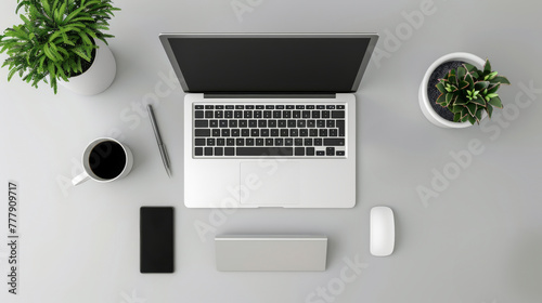 Overhead shot of a minimalistic, tidy work-from-home space, minimalistic,