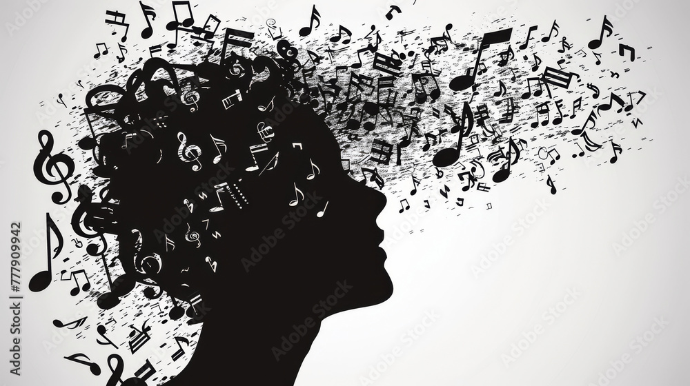 Silhouette of a head filled with musical notes, symbolizing creative thinking and artistry