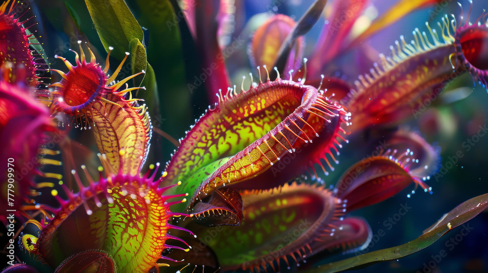 Siren-like carnivorous plants with vibrant colors, deadly allure, documentary style, - obrazy, fototapety, plakaty 