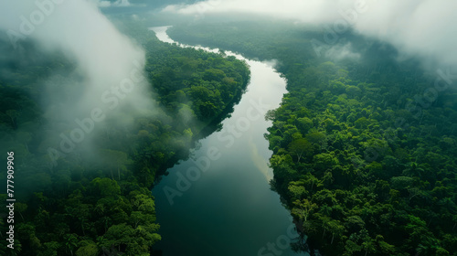 Serpentine river through a rainforest, beautiful but harboring parasites, documentary style, © Anuwat