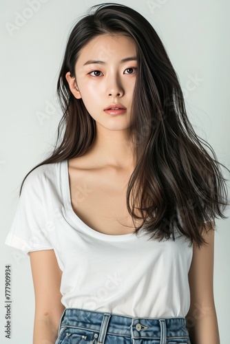 Close-up of a Pretty Young Korean Super Model in Casual Denim Shorts and a White T-shirt, exuding effortless chicness with a playful expression. photo on white isolated background
