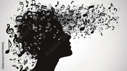 Silhouette of a head filled with musical notes, symbolizing creative thinking and artistry photo