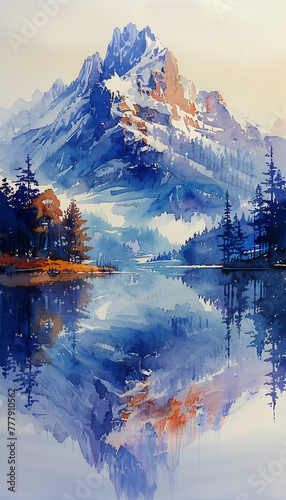 watercolor paint style,watercolor painting, snow mountain, lake, sunset, grassland photo