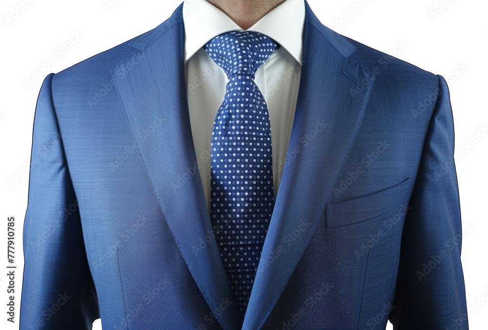 A man in a blue suit and white shirt is wearing a blue tie with white dots, cut out - stock png. A man in a blue suit and white shirt is wearing a blue tie with white dots, cut out - stock png.