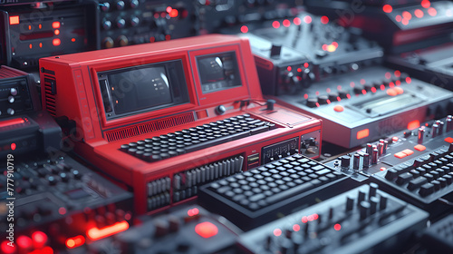 Close-up view of vintage red sound mixing equipment with illuminated buttons and detailed textures, evoking a sense of nostalgia and high-quality sound engineering photo