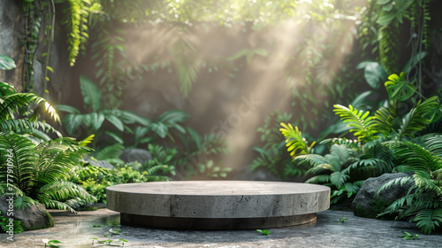 Natural stone and concrete podium in Natural green background for Empty show for packaging product presentation. Background for cosmetic products, the scene with green leaves. Mock up the pedestal.