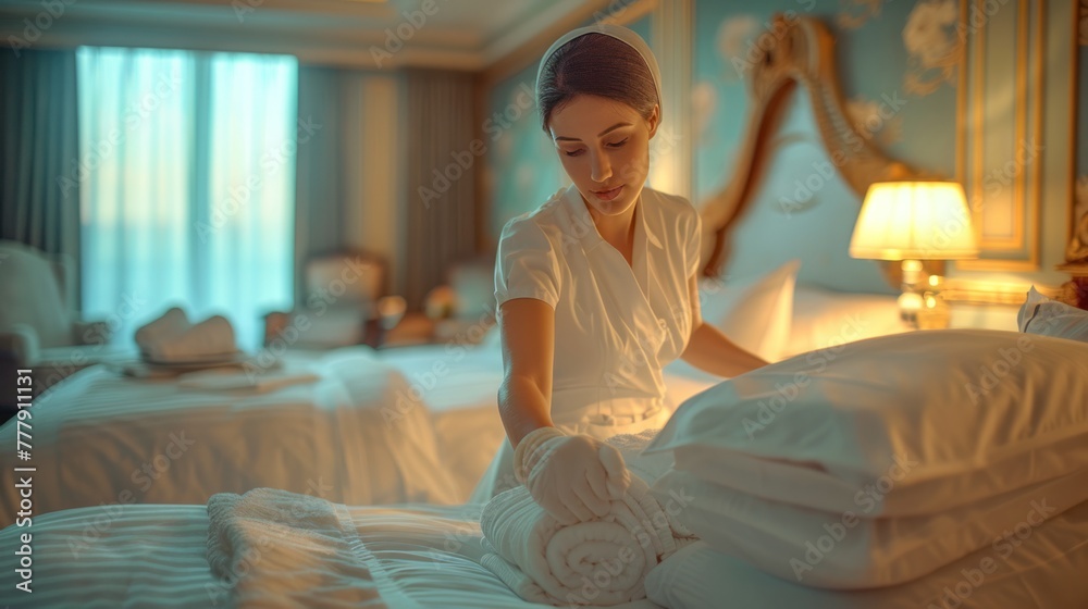An elegant hotel bedroom is decorated with clean towels prepared by a beautiful white maid An elegant hotel bedroom is decorated with clean towels prepared by a beautiful white maid