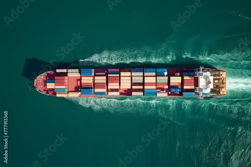 container ship at sea, top down perspective Aerial view