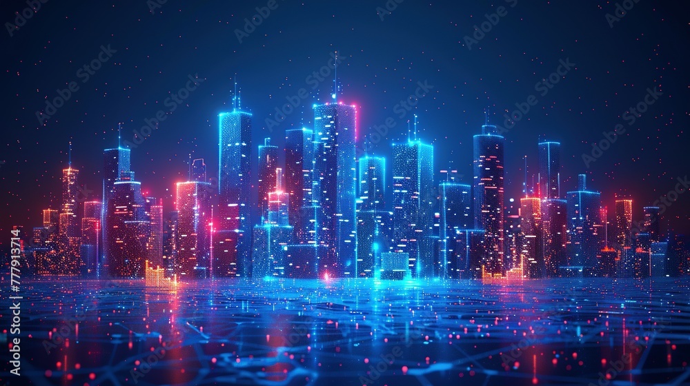 Wi-Fi smart city or network. Low poly wireframe. Building automation with computer board illustration. Isolated on a dark blue background. Plexus points and lines. Wireless smart city or network