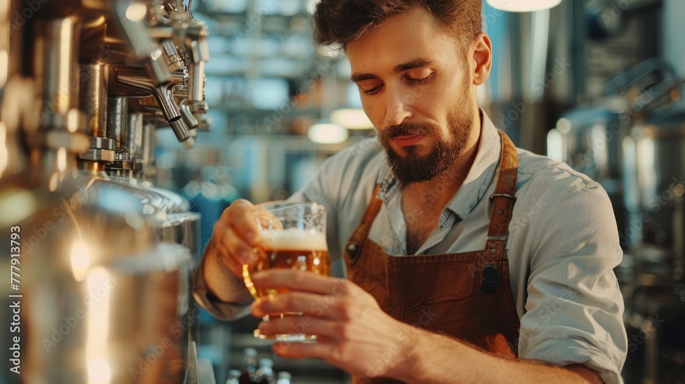 Brewer holding a glass and checking color holds quality control of craft beer. Brewer holding a glass and checking color holds quality control of craft beer.