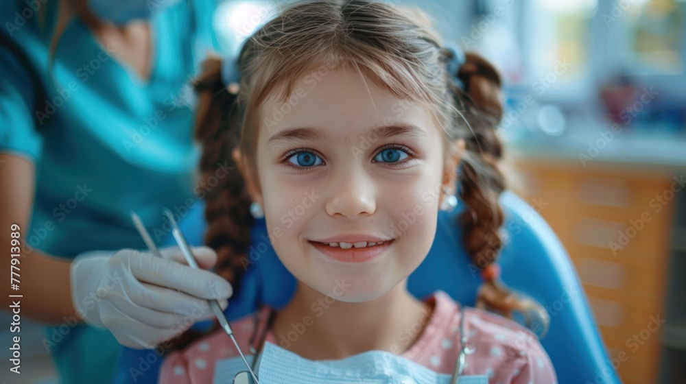 A cropped portrait of a girl with pigtails looking at the camera and smiling while sitting in a dental chair. Behind, a doctor in gloves holds examination tools