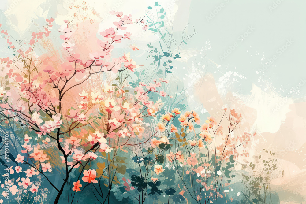 Delicate Depiction of Flowers and Trees in Pastel