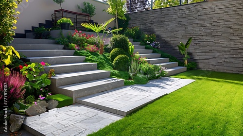 Neat and tidy garden with granite wall and solid block steps photo