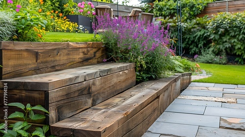 New steps in a garden or back yard leading to a raised patio alongside a new raised flowerbed made using wooden sleepers photo
