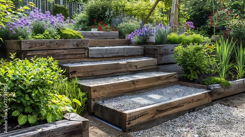 New steps in a garden or back yard leading to a raised patio alongside a new raised flowerbed made using wooden sleepers photo