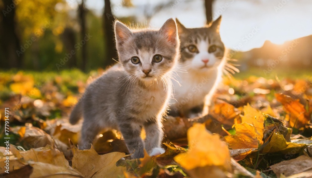 the little kitten stays near the big musky gourd cat on fallen yellow leaves in autumn