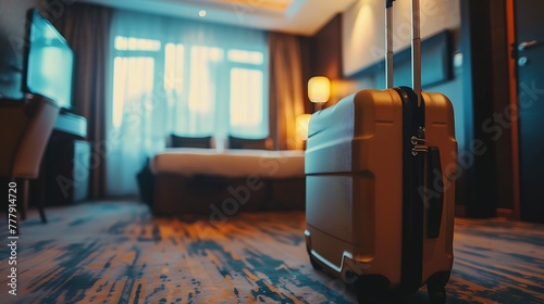 Suitcase delivered standing in hotel room