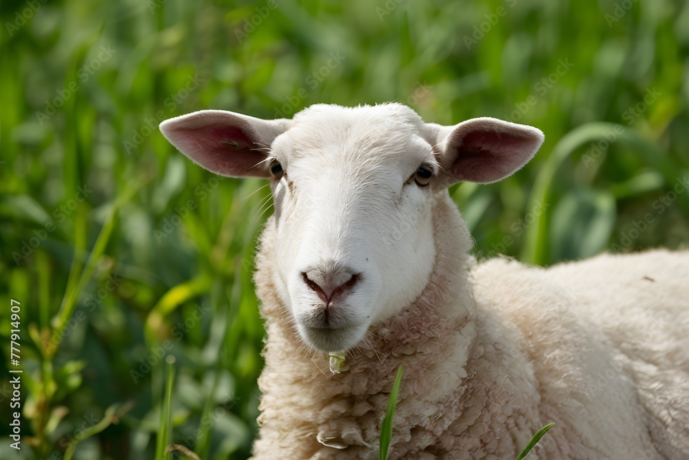 Curious sheep gazes at camera amidst lush green field backdrop Curious sheep gazes at camera amidst lush green field backdrop