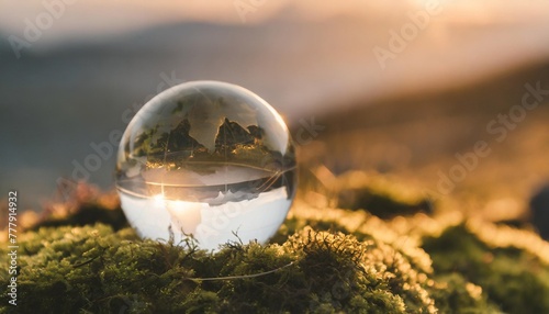 glass globe on green moss in nature concept for environment and conservation