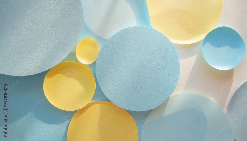 simple round shapes background in pastel blue and yellow colours fun bright colored mosaic of paper circles with shadows overlay creative conceptual template for styling and design mock up for text - obrazy, fototapety, plakaty 