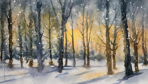 watercolor painting of a forest in the night winter snow silhouettes of the trees © Katherine