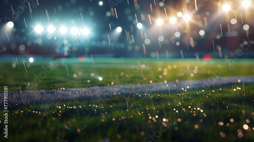 Rainy Night Game: Glistening Football Field under Stadium Lights