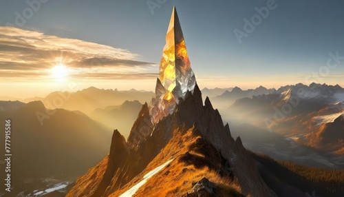 an illustration of a crystalized mountain peak showing a spire of crystal shapes with a low valley
