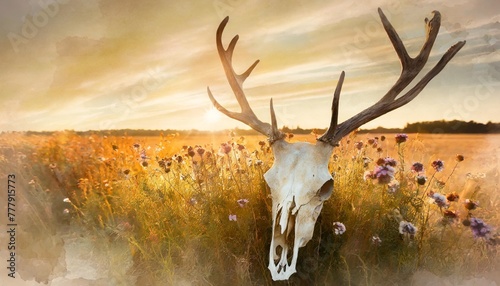 watercolor background deer skull with summer wildflowers photo