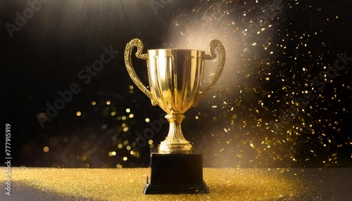 champion golden trophy isolated on black background concept of success and achievement gold glitters explosion photo
