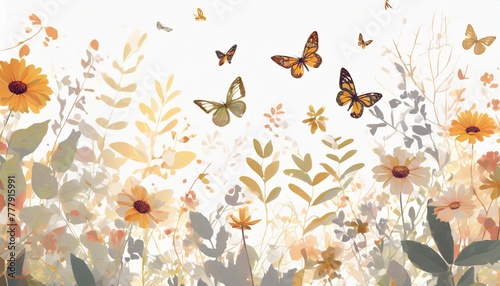fleurs feuilles plantes et papillons volants multicolores abstraits sans couture vecteurs de motif isoles sur fond blanc illustration panoramique prairie d ete ia generative generative ia photo