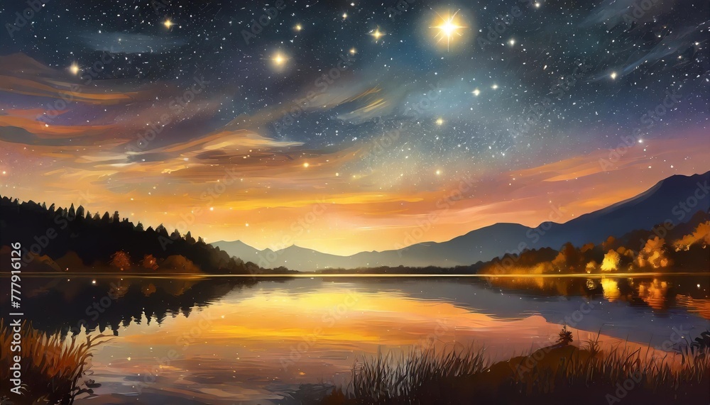 a beautiful magical landscape illustration of a night full of stars at a lake anime manga artwork - obrazy, fototapety, plakaty 