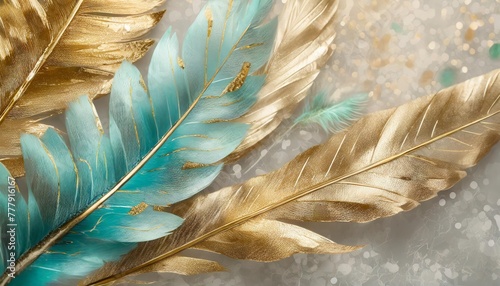 blue turquoise and gray leaf and feather design golden touches on a 3d light drawing wallpaper photography high resolution