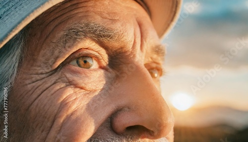 close up of a senior man eye with skin wrinkles raising awareness about aging issues concept