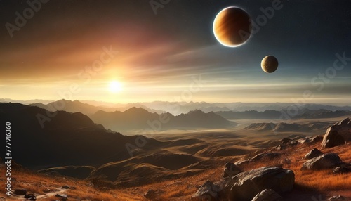 ai generated illustration of a beautiful cosmic landscape showcasing a variety of planets