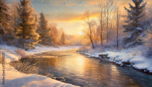 winter landscape with forest and river magical fantasy winter background digital art illustration © Katherine